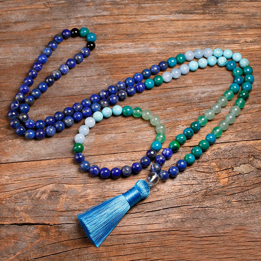 Ensemble de bijoux en pierre naturelle Quartz clair naturel (perles de 10MM),lapis lazuli, pierre de phénix, calcédoine verte, aventurine, turquoise, calcédoine bleue et  onyx noir 108 pe